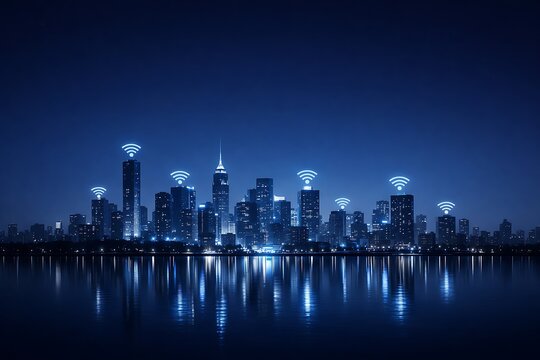 Futuristic Smart City Skyline with Wireless WiFi Connectivity Signals Reflecting on Water at Night, Digital Infrastructure and Urban Technology Concept