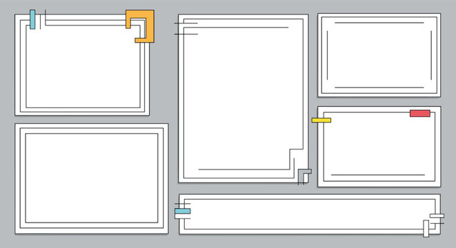 Collection of six simple modern blank photo frames or text boxes with colorful geometric accents on a gray background.
