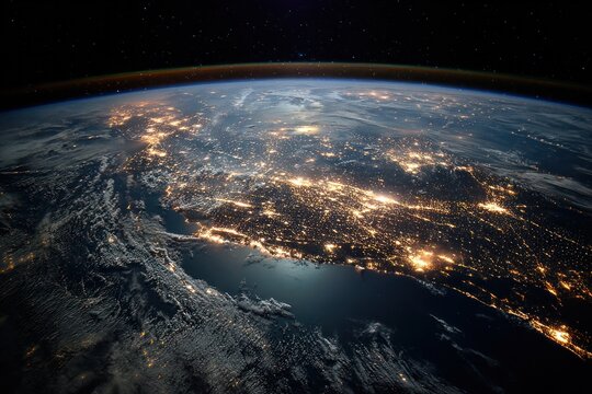 Nighttime Earth from Space: Vibrant City Lights Over Ocean