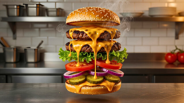 Perfect Layered Double Cheeseburger Floating with Fresh Ingredients and Steam