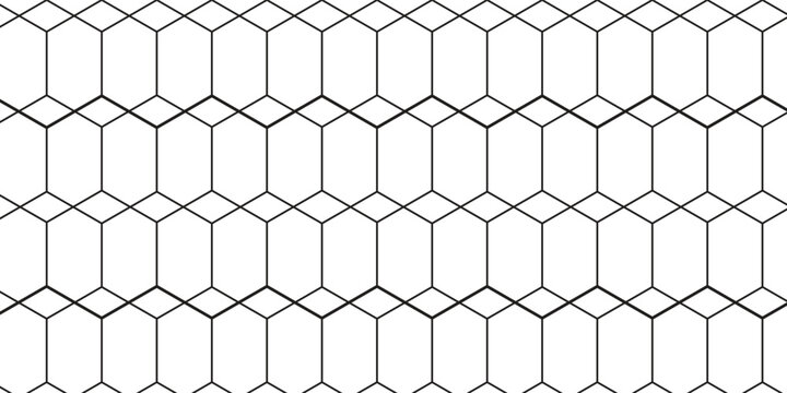 Seamless Elongated Hexagonal Geometric Pattern, Minimalist Black Linear Grid Outline on White Background