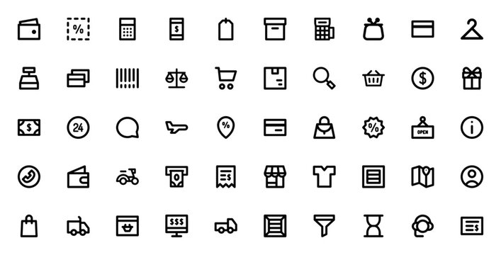 Basic Ecommerce icon set. Vector line icons pack. Includes wallet, coupon, shopping cart, credit card, tag, discount, truck, online store and more. Editable stroke.