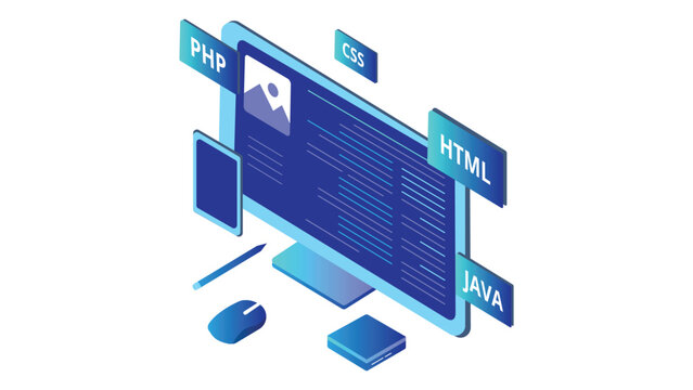 Web development programming concept with code screen and languages html css php java