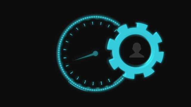 Cyan digital user interface gear icon. Cyan digital user interface person. Cyan digital user interface for account setup and tech management.