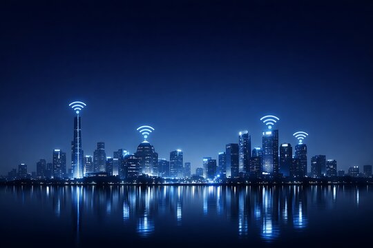 Futuristic Smart City Skyline with Wireless WiFi Connectivity Signals Reflecting on Water at Night, Digital Infrastructure and Urban Technology Concept