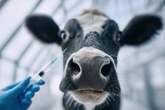 Cow vaccination. Animal received vaccinated in veterinary clinic. Vet doctor giving injection to cattle. Mammals vaccinating. Food industry Safety. Health check veterinarian. Foot-and-mouth disease
