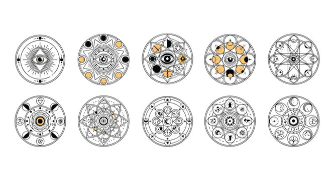 Mystic occult symbols set with third eye moons and stars inside circles featuring esoteric geometric patterns and designs.