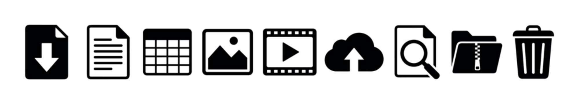 Set of ten black file management icons in a simple glyph style for user interface design, representing download, document, media, cloud storage, search, archive, and delete