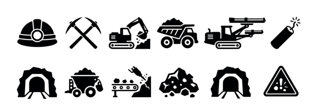 Set of black mining industry glyph icons featuring a helmet, pickaxe, excavator, dump truck, drilling rig, dynamite, mine cart, and tunnel entrance for industrial design