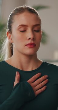 Breathing, calm and woman with meditation in home for relax, peace and mindfulness with balance. Yoga, stress relief and female person with zen exercise for health, wellness and grounding in house.