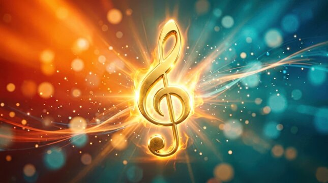 Glowing Golden Treble Clef Symbol Radiating Light Against Colorful Bokeh Background