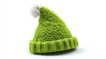 Fototapeta premium Bright green knitted winter hat sits isolated against a plain white background.