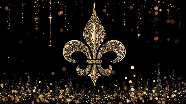 Ornate golden fleur-de-lis on black, with falling bokeh particles and ground-level glitters