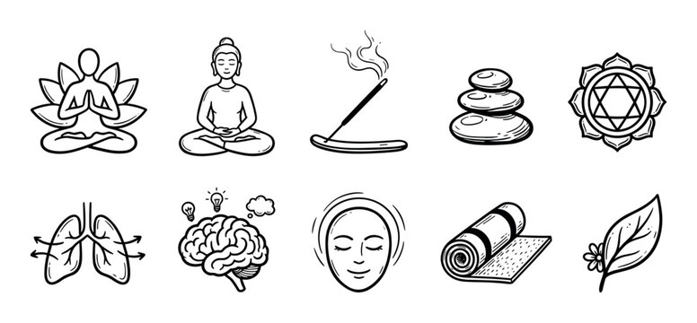 Collection of hand-drawn doodle style icons for yoga, meditation, and self-care, featuring a lotus pose, Buddha, zen stones, incense, chakra symbol, breathing, and a yoga mat