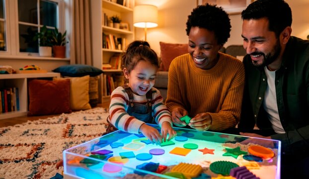 Diverse family playing with sensory educational toys and tactile light board in a cozy living room