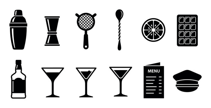 Collection of black silhouette bartender icons showing professional barware and mixology tools like a shaker, jigger, strainer, glass, bottle, menu, and ice