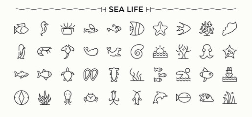 Sea Life vector icon set. Minimal icons collection. Editable stroke. Pixel Perfect. Life icon set. Contains such symbols as underwater animal, underwater, nautical, water, sea and more. © Rubbble