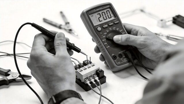Person using multimeter for electrical testing