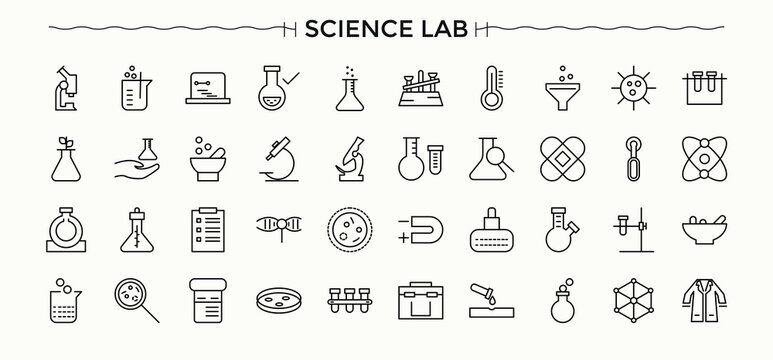 Chemistry Lab icon set. Minimalist icons collection. Scientist icon. Contain linear symbols lab, biology, biotechnology, scientist, science, laboratory, research and more.
