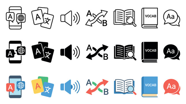 Language translation and learning icon set in three different styles including line, glyph, and color flat design for communication and vocabulary concepts