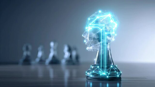  Seamless loop AI decision intelligence chess head animation, strategic leadership concept background.