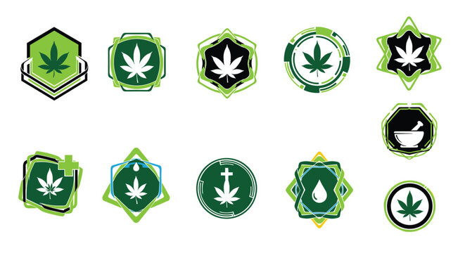 Cannabis leaf logo set with various green emblems featuring marijuana plant for medical health and natural wellness concept.