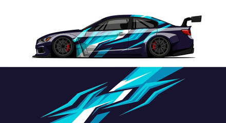 Fototapeta premium Blue Racecar with Dynamic Lighting and Graphic Livery Design.
