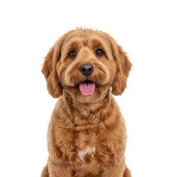 Well-groomed light-brown cockapoo with curly fur and a playful expression, sitting in a minimalist white studio space, cheerful and heartwarming pet portrait