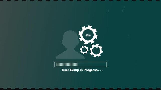 User setup in progress with gears. User setup in progress teal. User setup in progress for digital onboarding and profile configuration.