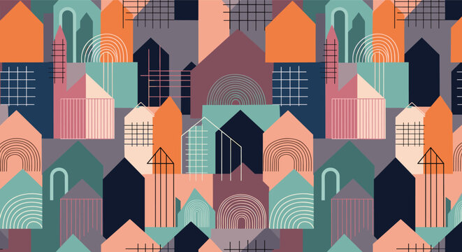 Abstract geometric pattern of colorful houses in modern flat style for urban landscape background and textile design.