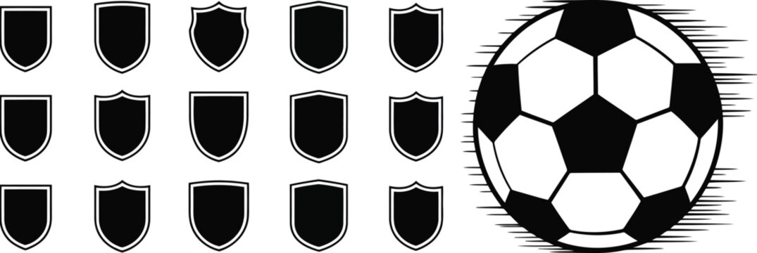 Graphic collection of shield emblems and a stylized fast soccer ball for sports design projects