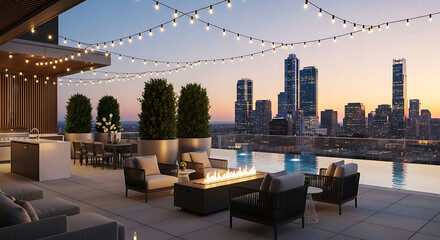 Obraz premium luxury rooftop lounge with city skyline view at dusk isolated on transparent background