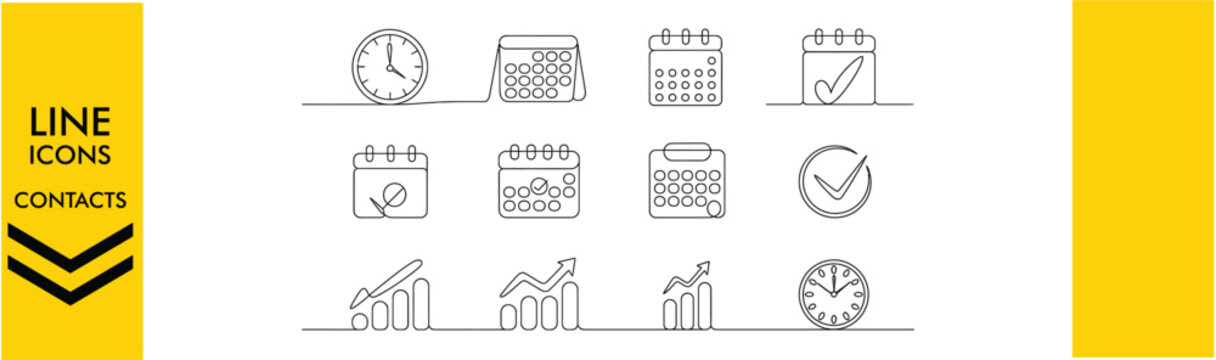 Handdrawn line icons of calendars clocks and charts for scheduling planning