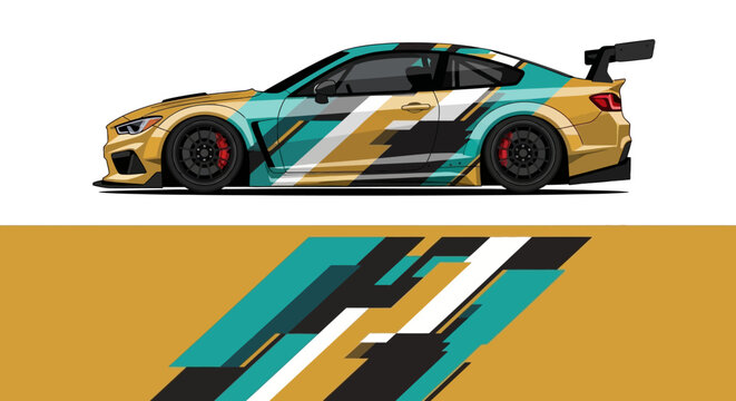 Vibrant teal and yellow racecar with bold livery speeding on a race track.