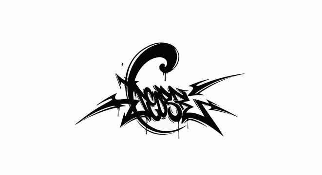 Black graffiti-style text with sharp edges and dripping paint on a white background