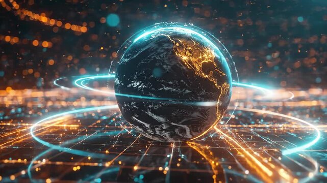 Futuristic Digital Globe with Neon Light Trails and Data Network Visualization.