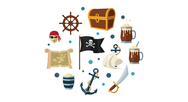 Pirate adventure icons in circular arrangement featuring treasure chest map flag anchor and sword for maritime game concept.