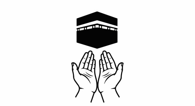 Black illustration of the Kaaba with hands in prayer below
