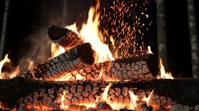 A warm glowing campfire with crackling wooden logs burning brightly in the night