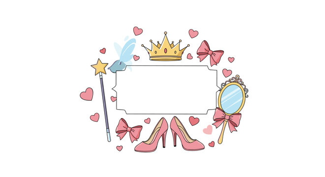 Magical princess themed frame with a central empty label surrounded by a crown, wand, shoes, mirror, bows, and hearts.