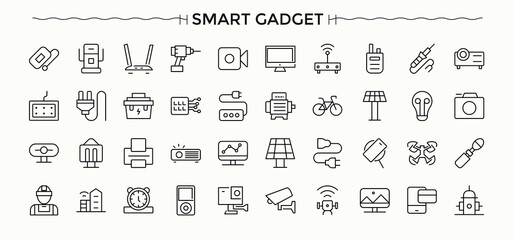 Smart Gadget simple icon set. Icons for UI designs. Gadget icon set. Contains outline symbols like technology, smart, gadget, tech, smart device and more. © Rubbble