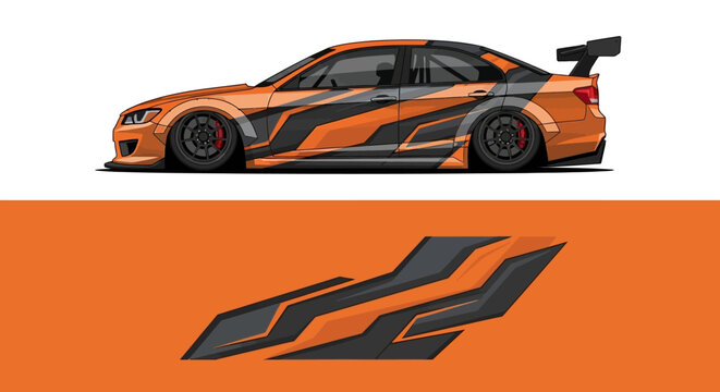 Orange racecar with bold black graphics speeding along a track, featuring aerodynamic design and striking livery.