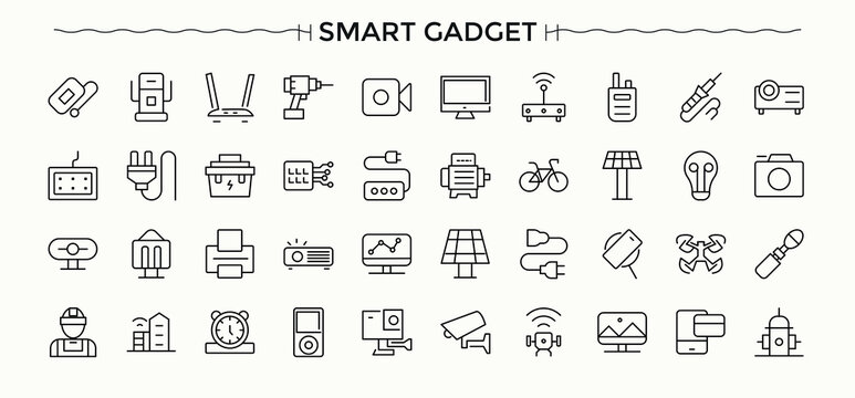 Smart Gadget simple icon set. Icons for UI designs. Gadget icon set. Contains outline symbols like technology, smart, gadget, tech, smart device and more.