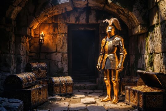 Golden Knight Guarding Treasure Chests in Ancient Stone Dungeon with Torchlight