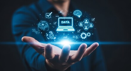 Fototapeta premium Business professional holding glowing data analytics hologram in dark office