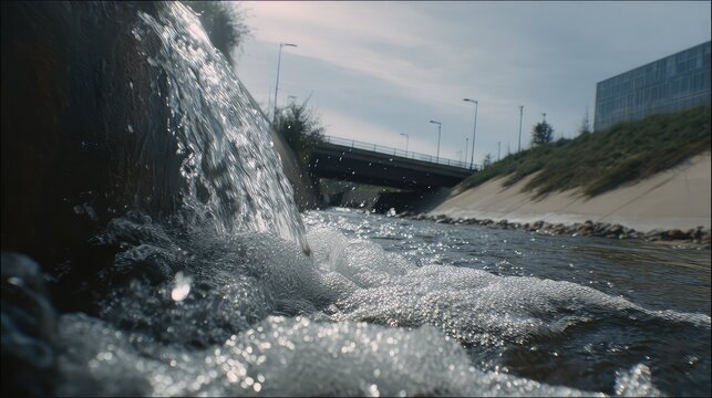 Water flowing into urban river concrete canal