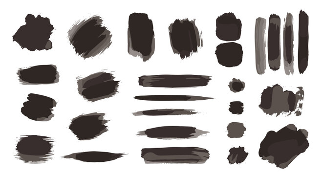 Variety of black ink brush strokes and paint splashes in different shapes and sizes for artistic graphic design projects.
