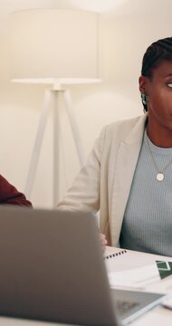 Laptop, meeting and workshop with business woman in office for brand awareness, team and project. Target audience research, collaboration and social media marketing with employee in creative agency