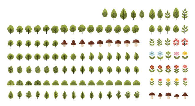 Extensive collection of pixel art nature elements like green trees, bushes, colorful mushrooms, and flowers for game design.
