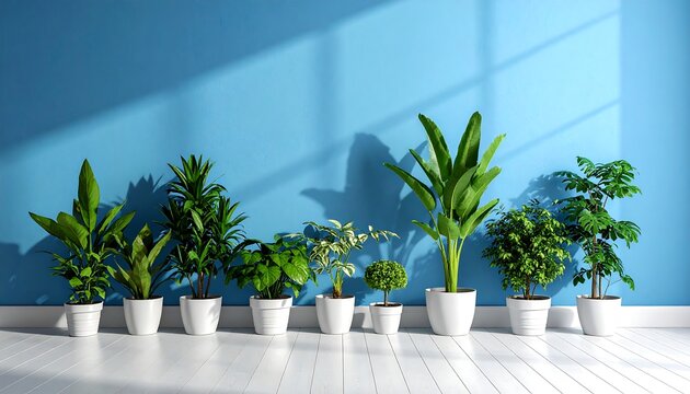 Row of indoor plants in white pots lined up against a vibrant blue wall with light and shadow play
